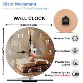 10-Inch Silent Wooden Wall Clock, Dove Egg Feather on Antique Books ” Silent Non-Ticking Clock, Battery Operated (AA Batteries Not Included), Artistic Home Decor