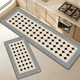 Aoluguya 2-Piece Kitchen Floor Rugs - Non Slip Machine Washable Mats 20”x31.5” & 20”x59 Made of Soft Absorbent Polyester, Gray & Beige - Geometric Design for Sink Counter Laundry Hallway