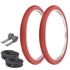 PRO+ Pair of Bicycle TIRE 24" X 1.75" RED/RED SIDEWALL COMP III Tread (2) Tires W/Heavy Duty Tubes & Rim Strips BMX Bike P-104A