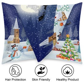Winter Christmas Tree Satin Pillowcase for Hair and Skin,Snowman Santa Claus Smooth Silk Pillow Covers for Sleeping Breathable Satin Pillow Case with Zipper (20x26inch, Standard Size)
