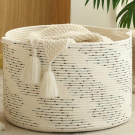KAKAMAY Large Blanket Basket (20"x13"),Woven Baskets for storage Baby Laundry Hamper，Cotton Rope Blanket Basket for Living Room, Laundry, Nursery, Pillows, Off White with Blue & Brown Dotted Pattern