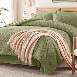 Zzlpp Full Comforter Set 7 pieces, Olive Green Tufted Bed in a Bag with Comforter and Sheets, All Season Boho Bedding Sets with 1 Comforter, 2 Pillow Shams, 2 Pillowcases, 1 Flat Sheet, 1 Fitted Sheet