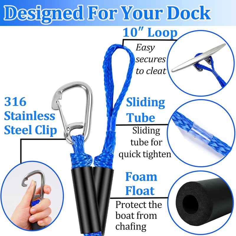 Boat Docking Lines with Clip- 2ft Shock Absorbing Boating Mooring