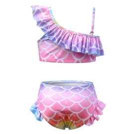 CHILDRENSTAR Traje de baño de dos piezas para niñas con un hombro y un hombro, Rosa Sirena 652, 8-9 Años