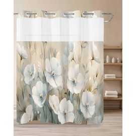 Kryntracorl Plant No Hooks Shower Curtain with Snap in Liner 72" W x 72" L, Washable and Waterproof Vintage Style Flower Shower Curtain with See Through Mesh Top Window for Bathroom