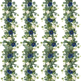 UXORSN 4PCS 24FT Artificial Eucalyptus Flower Garland with Blue White Roses Fake Plants Silk Floral Greenery Garland Faux Gypsophila Ivy Vines for Wedding Decoration Home Party Table Runner Decor
