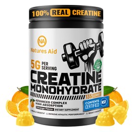 Natures Aid NSF Certified Creatine Gummy 5g - Creatine Monohydrate Gummies – Pre-Workout Energy & Muscle Growth Support for Men & Women | Orange Electrolyte Gummies (135 Count)