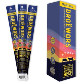 Ayoba Droewors Grass Fed Beef Paleo Sticks (1.25 Ounces, Pack of 12) Keto Friendly, Air-Dried Grass Fed Beef Snack - Gluten Free, Nitrate Free, No Sugar, Meat Snacks
