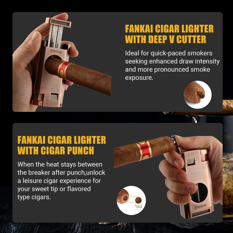 FANKAI Cigar Torch Lighter with Cigar V Cutter Cigar Punch