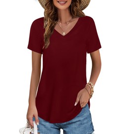 Elesomo Womens Cotton T Shirts Loose Casual Short Sleeve Summer Tee Tops, Burgundy XXL