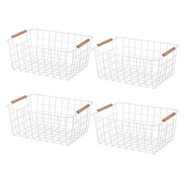 PATIKIL Kitchen Wire Basket, 4 Pack 11"L 9"W Pantry Organization Metal Storage Organizer Household Refrigerator Bin with Wood Handles for Cabinets Closets Bedrooms, White