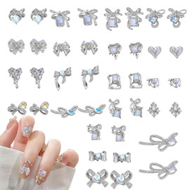 Luxury Rhinestones Nails Gemstones, 40 Pieces Metal Bows Heart Nail Gems, Alloy Nail Art Jewellery, Nail Glitter Stones Nail Design Accessories