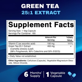 Vitamatic Green Tea Extract with Vitamin C, 25X Concentrate, 98% Polyphenols, 80% Catechins, 50% EGCG, 180 Veg Capsules