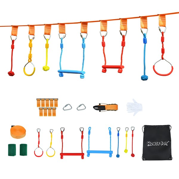 DREAMADE 13M Ninja Slackline Set Hanging Obstacles for Kids, Climbing Structure, Obstacle Course with Complete Accessories, Outdoor Game for Girls & Boys
