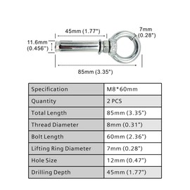 M8x60mm Ring Lifting Expansion Anchor Eyebolt 2 Pack Expansion Bolts Ceiling Hook Heavy Duty Bolts Anchor Fastener 304 Stainless Steel for Concrete Brick Wall