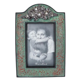 Ebros Gift Rustic Western Silver Roses Floral Arrangement with Scroll Lace Turquoise Patterns Sculpted Tooled Leather Easel Back Picture Frame for 4"X6" Photo Cabin Lodge Cottage Farm House Accent