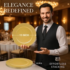 JEVERGN 10 Pack Gold Charger Plates, 13" Beaded Chargers for Dinner Plates, Gold Plate Chargers Set of 10, Round Plastic Charger for Wedding, Party Event, Dinner, Table Setting