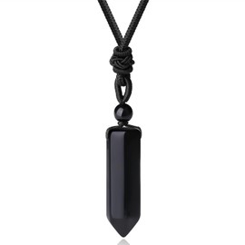 Obsidian Healing Stone Point Pendant Chain with Adjustable Braided Rope Hexagonal Crystal Tourmaline Pendant Chain for Women Men Reiki Polished Talisman Lucky Chain Father's Day Gift