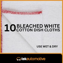 Tek Automotive Large Cotton Dish Cloths – 10 Pack, White Bleached, 15x12 Inch, Dish Cloths for Washing Up & Kitchen, Durable Cotton Dishcloths for Cleaning Home or Car