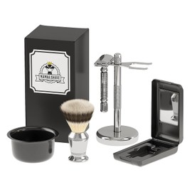 Mamba Shave Set de Rasurado 6 en 1. Set de Afeitado con Rastrillo Vintage de Acero Inoxidable, 5 Navajas de Afeitar, Brocha para Espumar, Soporte y Tazón para Espuma. 6 in 1 Premium Shaving Kit. (Plata)