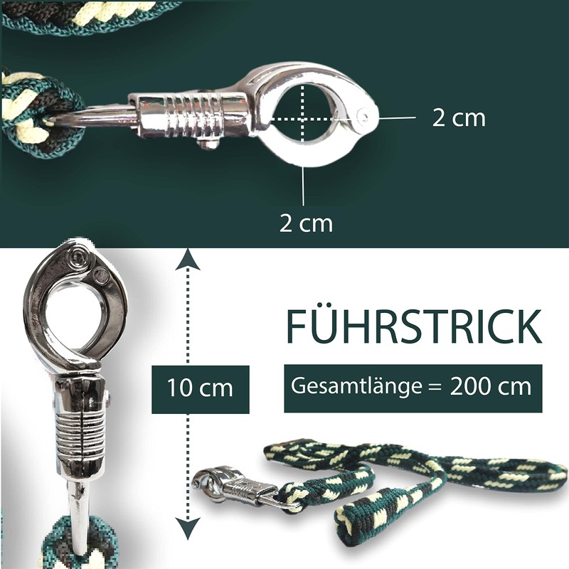Pferdelinis Horse LEASH, 2 m, Dark Green/Black/Cream, with Sturdy Panic