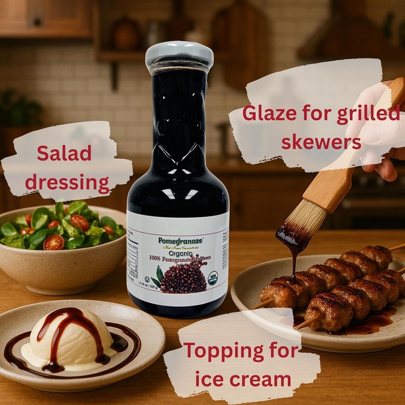 100% Organic Pomegranate Molasses 12.35 Oz Glass Bottle,(3 Pack) No