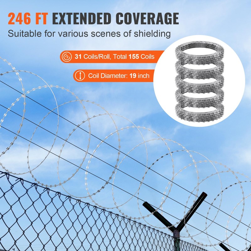 Happybuy 246 ft Razor Wire Fencing, 5 Rolls Galvanized Barbed
