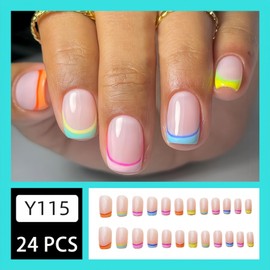 Nude Colour Stripe Fake Nails Press On Nails Medium Short Square,Glossy with Designs Full Cover Acrylic Glue on Nails False Nails Thick French Tip Stick on Nails for Women 24Pcs Y115