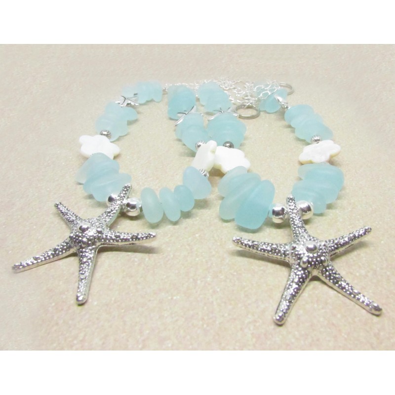 Starfish Curtain Tie Backs with Ocean Blue Sea Glass Beads,