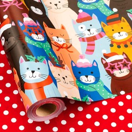 Burymento Christmas Wrapping Paper, Reversible Cat, Dot Design Gift Wrapping Paper Suitable for Christmas, Mini Roll (17 Inch X 32.8 Feet)