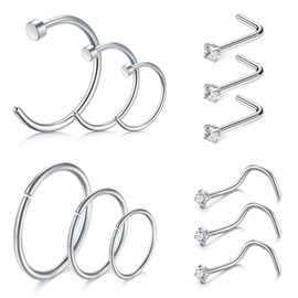 D.Bella Silver Nose Stud 18 Gauge-Nose Ring Hoop 8mm 10mm 12mm Nose Screws and Clear Nose Studs