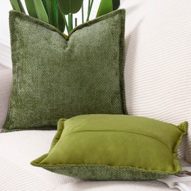 Madizz Set of 2 Chenille Velvet Cushion Covers with Flange Soft Boho Textured Throw Pillow Covers Broadside Pillowcases Modern Farmhouse Home Decor for Sofa Bedroom Moss Green 16x16 inch, 40x40 cm
