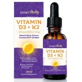 Vitamin D3 K2 Drops 4000iu + MCT Oil Liquid Absorption, Natural Berry Flavour 5 Month Supply - High Strengh Supplement by Inner Vitality