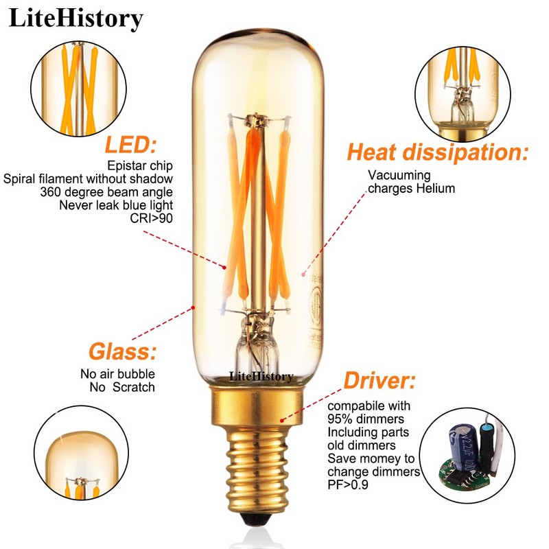 LiteHistory Dimmable T6 led Bulb 40W Candelabra led 2200K Amber