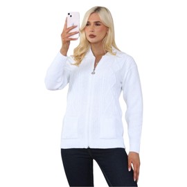 janisramone® Zip-up Cardigans for Women UK, Full Sleeves Solid Color Ladies Cardigan, Knitted Womens Zip up Cardigan, Ladies Cardigans with Pockets for Winters White