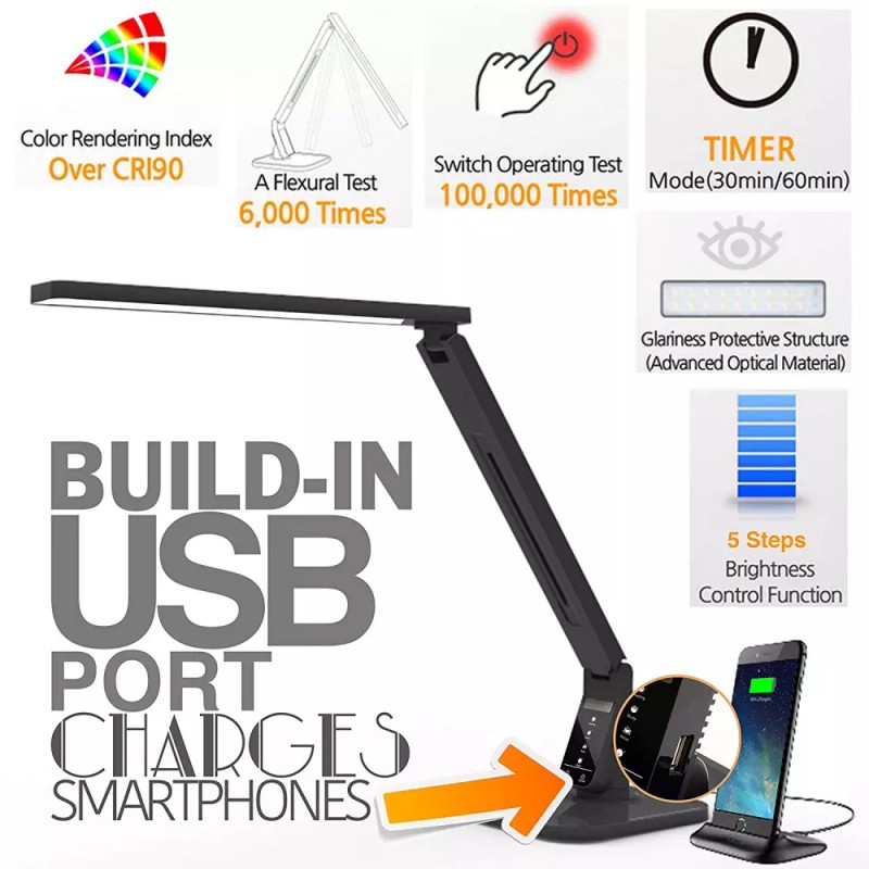 Lampat LED Desk Lamp, Dimmable Table Black, 4 Lighting Modes,