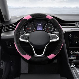 Funda para volante de coche, protector de volante, funda universal de 37-38 cm, funda de cuero, microfibra transpirable, funda para volante de fibra de carbono para mujeres (rosa)
