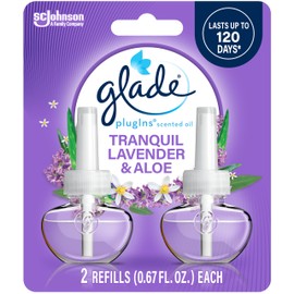 Glade PlugIns Refills Air Freshener, Scented and Essential Oils for Home and Bathroom, Tranquil Lavender & Aloe, 1.34 Fl Oz, 2 Count