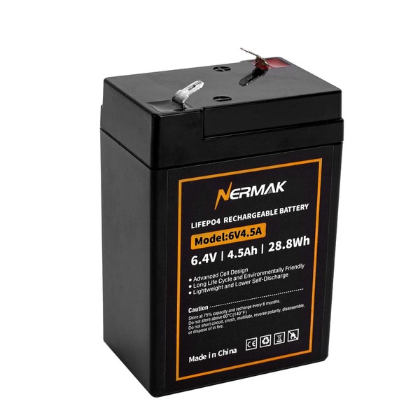 NERMAK 6V 4.5Ah LiFePO4 Lithium Battery, 2000+ Cycles Rechargeable Lithium Iron Phosphate Battery for Emergency Light, Lantern, Kids Ride On Car, Deer Game Feeder and More with BMS (F1 Terminals)