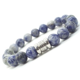 Ethnisches Herrenarmband aus blauen Jaspisperlen und zentraler Edelstahlperle