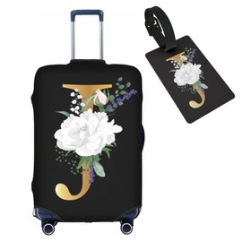 HAUYE Flower Letter J Black Luggage Cover with Luggage Tag Elastic Washable Stretch Suitcase Protector Anti-Scratch Travel Suitcase Cover for Kid and Adult L (for 25-28 inch suitcase)