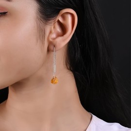 GemInspire Citrine Dangle Earrings for Women, Raw Stone Earring, Tassel Threader Earrings, November Birthstone, Pull Through Chain, 925 Silver Jewelry, Gift for Her (3.50inch)