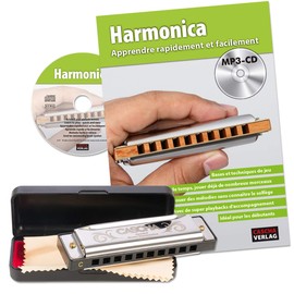 CASCHA Harmonica Beginner Set with French School, Learn to Play Blues Harmonica, Includes Case, Cleaning Cloth and Textbook, C Major Harmonica