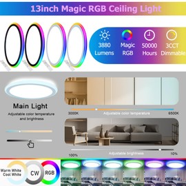 Stayofa 13Inch Magic RGB Flush Mount Led Ceiling Light,34W 3400LM Dimmable with Remote Control 3000-6500K+RGB Color Changing Ceiling Light.Surface Round Ceiling Lights for Bedroom Living Room (White)