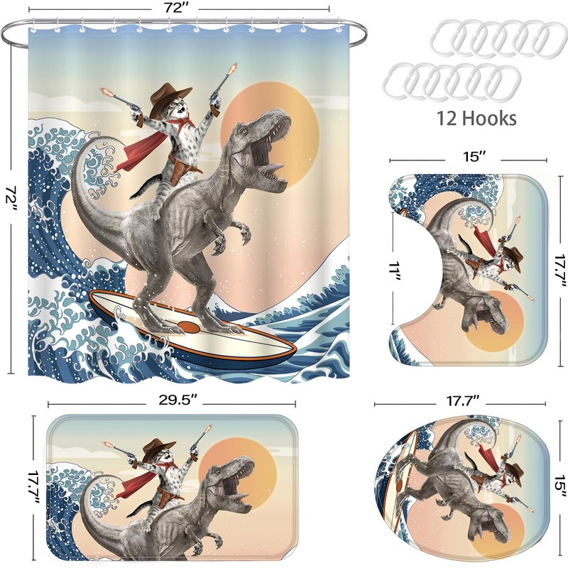 Yeoiat 4 Pcs Dinosaur Cat Shower Curtain Sets Funny Shower