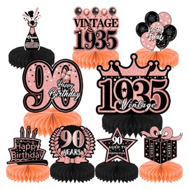 90th Birthday Table Decorations Set of 9 - Black & Pink Party Decor for Centennial Celebration - Honeycomb Paper Table Centerpieces with 90 Years Sign Anniversary Party Supplies