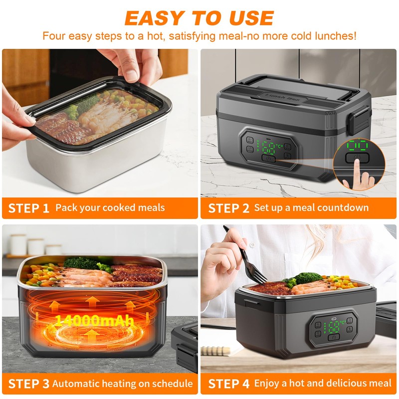 Cordless Electric Lunch Box for Adults with Timer,Rechargeable Self Heating