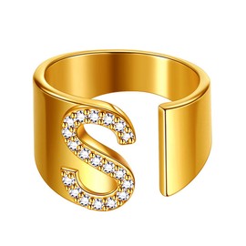 beautlace Letter S Rings Adjustable 18K Gold Plated Initial S Alphabet Open Ring with Cubic Zirconia Jewelry for Men and Women KR0037S