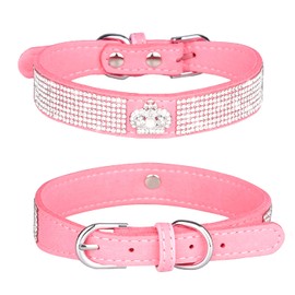 haoyueer Rhinestone Dog Collar, Cute Dazzling Sparkling Soft Suede Leather Dog Cat Rhinestone Collar Crystal Diamond Pet Dog Puppy Collar (M, Pink-4)