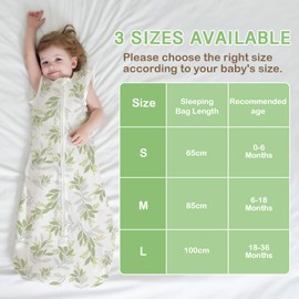 TOGOU2S Baby Sleeping Bag, 0.5 Tog Sleeping Bag 6-18 Months, Sleeping Bag Baby 65-85cm, Soft Cotton Breathable Baby Summer Sleeping Bag, Baby Swaddle Wrap Newborn, Green Leaf Print